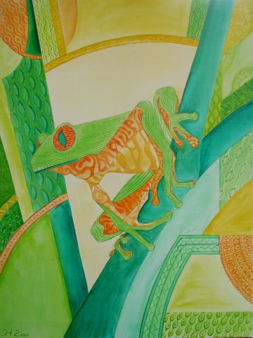 Acrylbild eine stilisierten Frosches in orange und grünen Tönen